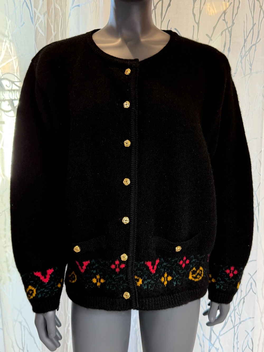 Vintage Blarney Woollen Mills Black Knit Cardigan Sweater Gold Buttons Size L